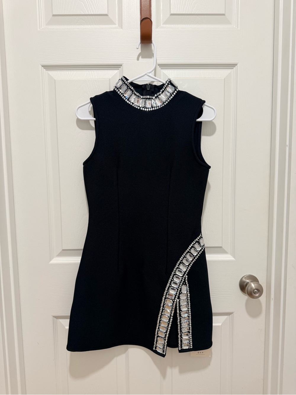 Mew Mews Black Mini Dress with Jeweled Neckline and Embellished Side